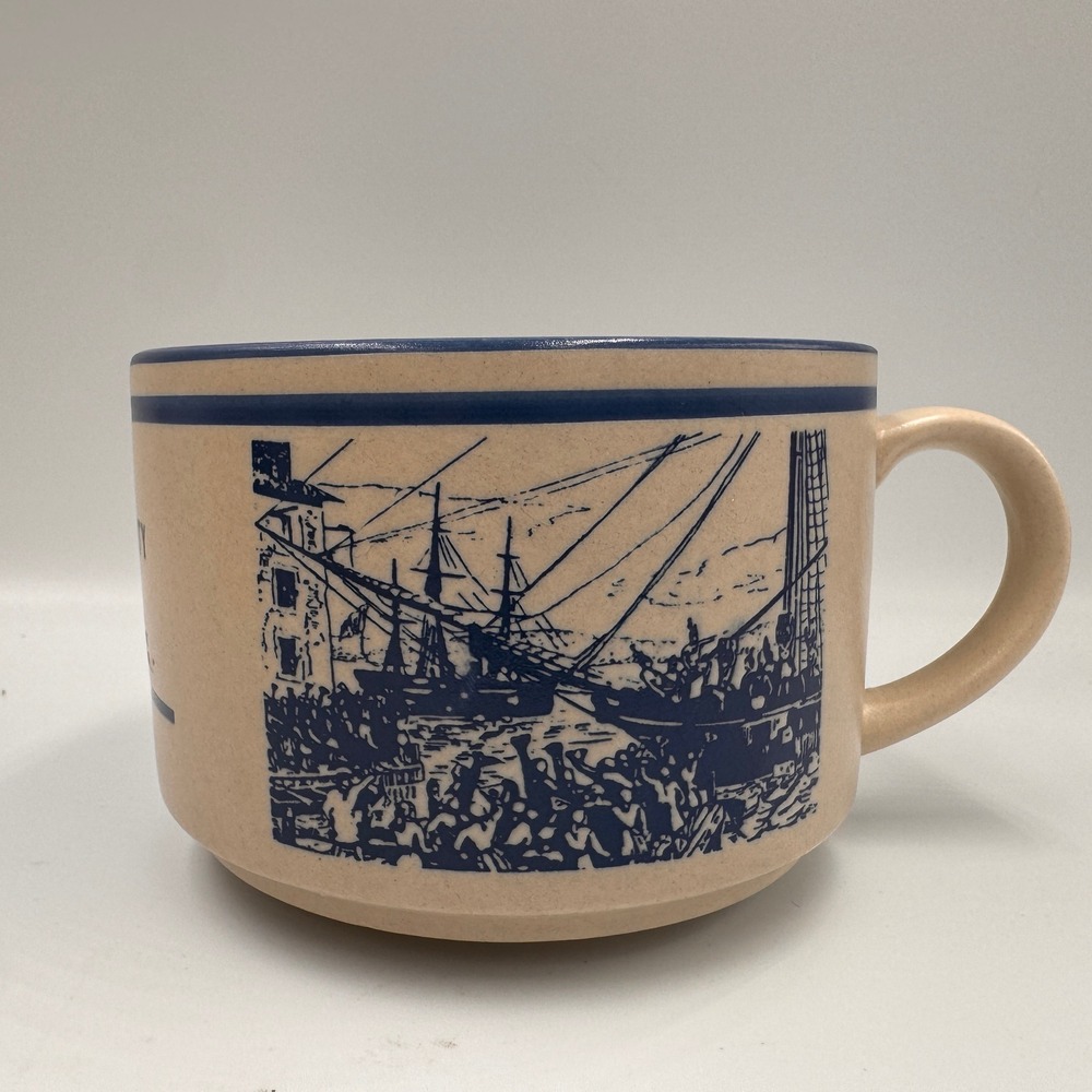 Boston Tea Party Historical Commemorative Stoneware Soup Mug Tan Blue Speckled